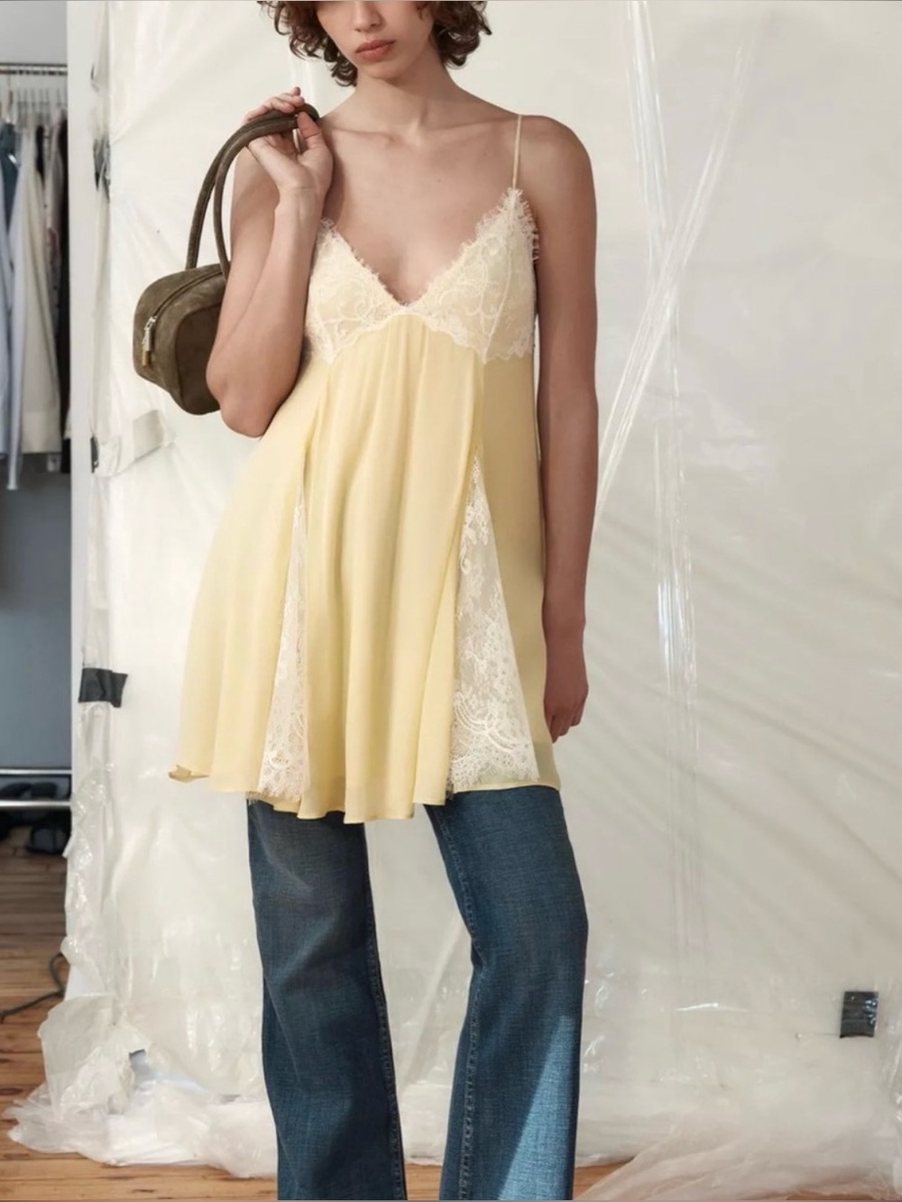 Zara Lemon Yellow Lace-Trim Mini Slip Dress